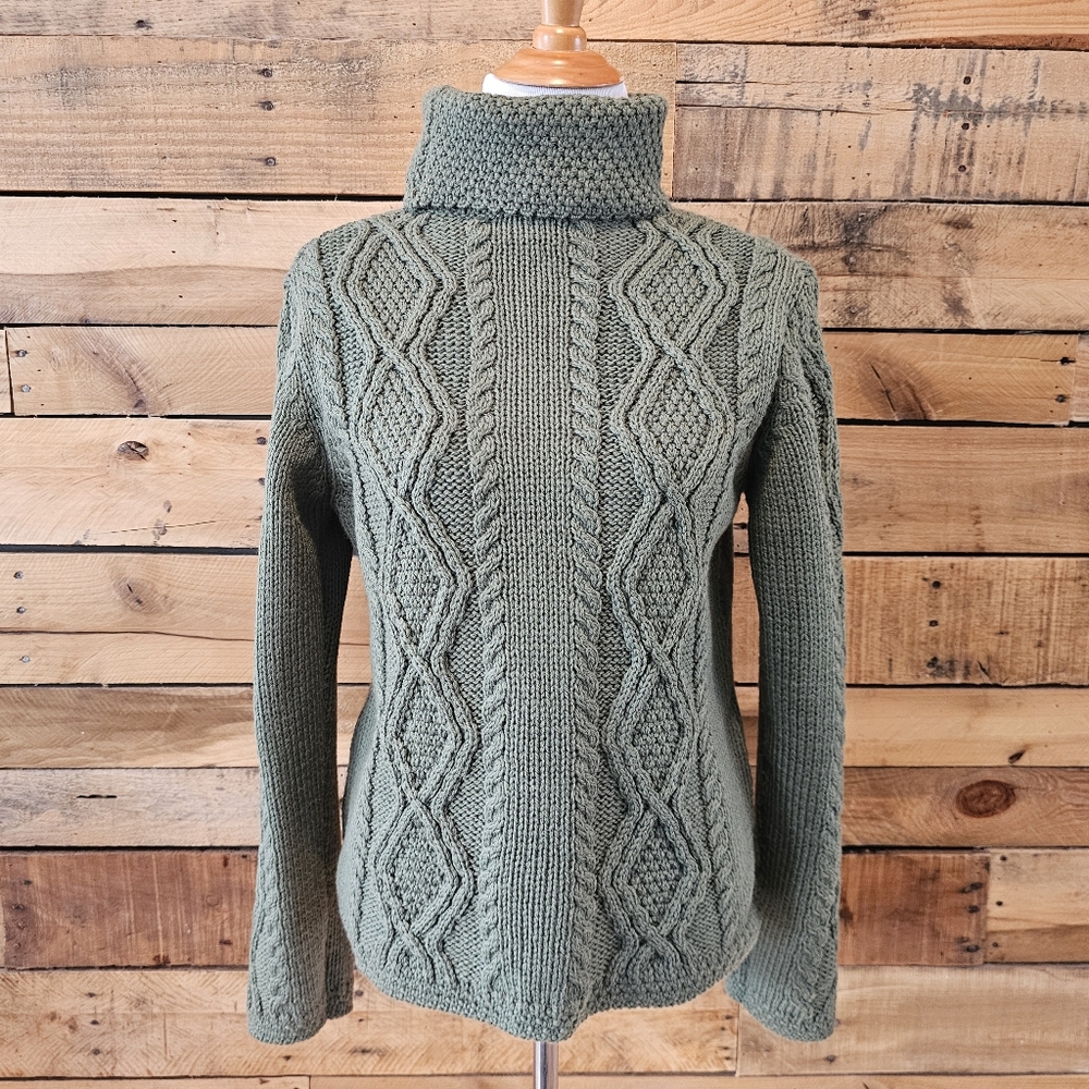 Paul James 100% Wool Olive Green Cropped Cable Knit Turtleneck Sweater size M